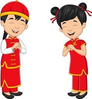 Cartoon chinese kids wearing traditional chinese costume vector