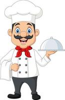 Cartoon funny chef with a mustache holding a silver platter vector