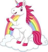 lindo pequeño pony unicornio en las nubes y el arco iris vector