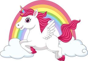 Cute little pony unicorn with wings on clouds and rainbow vector