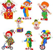 Set of cartoon happy clowns in different actions vector