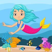 Cartoon little mermaid in the underwater background vector