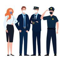 pilot businesspeople and police with masks vector design