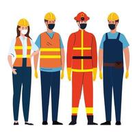 Female and male constructers and firefighter with masks vector design