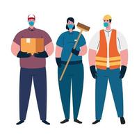 Female cleaner constructer and delivery man with masks vector design