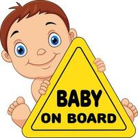 Cartoon baby holding on board yellow safety sign vector