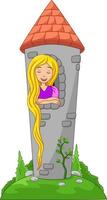 princesa hermosa de dibujos animados con el pelo largo en una ventana del castillo