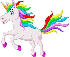 Cartoon funny rainbow unicorn horse jumping vector