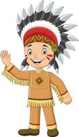 dibujos animados niño nativo indio americano agitando vector