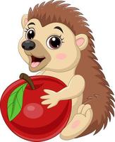 Cartoon baby hedgehog holding red apple vector