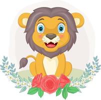 León lindo de dibujos animados sentado con fondo de flores vector