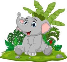 Cartoon baby elephant sitting in the grass vector