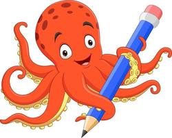 Cartoon happy octopus holding pencil vector