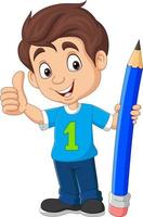 Cartoon boy holding a big pencil and showing thumb up vector