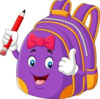 mochila escolar morada de dibujos animados sosteniendo un lápiz y dando pulgares hacia arriba vector