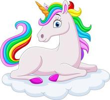 unicornio arcoiris de dibujos animados en las nubes vector