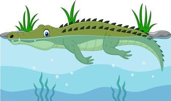 Cartoon green crocodile swimming in the river vector