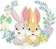 pareja feliz conejo con fondo de flores vector