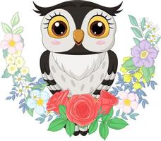 Cartoon owl with flowers background vector