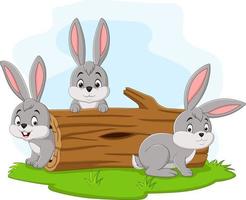 Three rabbit cartoon playing in the log vector