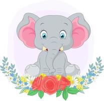 elefante lindo de dibujos animados sentado con fondo de flores vector