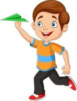 niño feliz jugando avión de papel vector