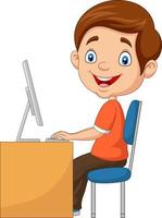 Little boy working on personal computer at home vector