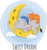 Cartoon elephant and cat sleeping on the moon vector