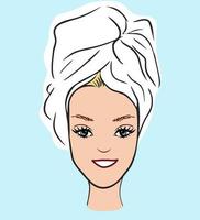 hermosa mujer joven icono aislado personaje de dibujos animados plana cara cabeza con toalla sonriente spa belleza vector concepto