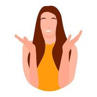 Woman character flat style illustration isolated on white cheerful smiling face hand sign gesture arm up vector