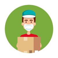 delivery worker using face mask with box carton vector