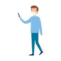 young man using face mask with smartphone isolated icon vector