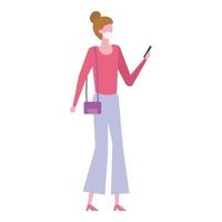 young woman with smartphone using face mask isolated icon vector