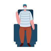 coronavirus prevention, man alone wearing medical mask, sitting in chair cinema vector