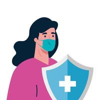 Mujer con máscara médica y escudo con diseño vectorial cruzado vector