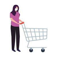 Woman with mask and shopping cart vector design