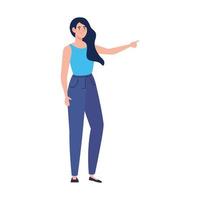 young woman pointing out on white background vector