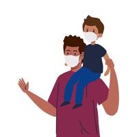 father and son wearing protective medical mask for prevent virus covid 19 vector