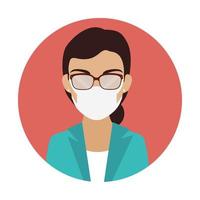 business woman using face mask with eyeglasses in frame circular vector