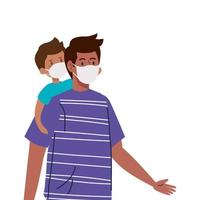 father and son wearing protective medical mask for prevent virus covid 19 vector