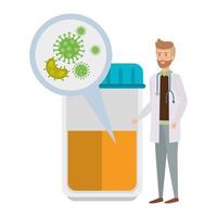 doctor with bottle and test of covid 19 vector