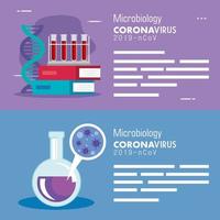 set poster of microbiology for covid 19 and medical icons vector