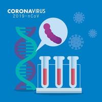 estructura de adn con prueba de tubos y partículas covid 19 vector