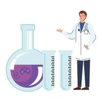 doctor and tubes test with particles covid 19 icon vector