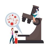 doctors female with microscope and particles covid 19 vector
