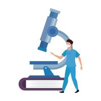 paramedic with microscope in book