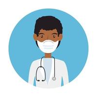 doctor afro using face mask with stethoscope in frame circular vector