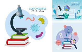 set poster of microbiology for covid 19 and medical icons vector