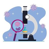 microscope with particles of covid 19 in magnifying glass and tube test vector