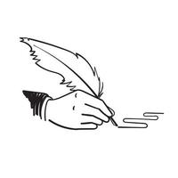 dibujado a mano garabato mano sosteniendo pluma con ilustración de gesto de escritura vector
